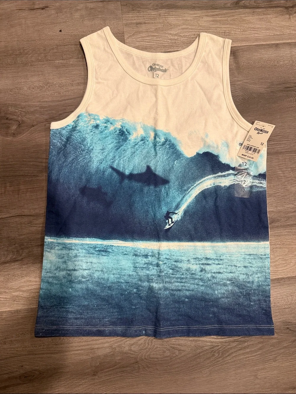 OshKosh B'gosh White and Blue Surf Shark Tank Top